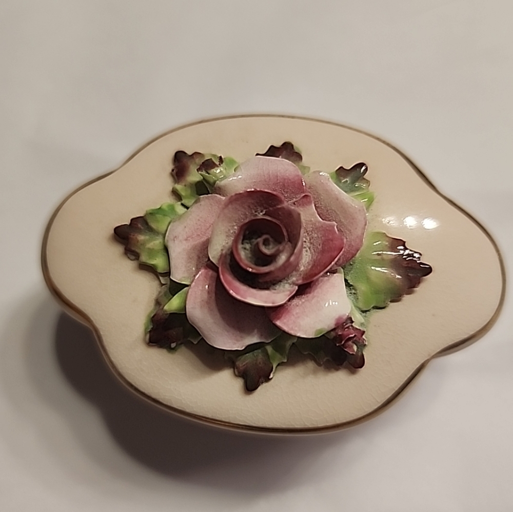 Vintage Adderley Trinket Box Bone China England Pink 3D Rose Floral Ring Gold